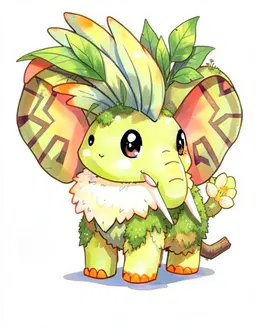 A soft, hand-painted Pokemon creature illustration of an elephant-like pokemon with big fan-shaped ears with bold geometric markings, a short curling trunk, two small tusks and a round sturdy body, its body coloured lime green with white accents, orange ear tips, tail tip and feet, a tall plume of long feathers sweeping up and back from the top of its head like a cockatoo's crest, as tall as its head, two long fangs growing from its upper jaw, each as long as its ear, poking out over its lower lip, a nature gimmick carried through its body: little mushrooms and moss growing on its back, a leafy sprout on its head, and a walking-stick shaped twig tip on its tail, grass type, with big leaf-shaped ears, a single broad green leaf for a tail, green leaves sprouting from its forehead, back and legs, and a small flower bud on its head, normal type, with soft fluffy fur all over, a big fluffy cream collar ruff, a round fluffy cream-tipped tail and big round friendly eyes, Elaphant ears, Elaphant tail with flower, Leafs mane. Rounded shapes, expressive anime eyes and appealing proportions with a slightly oversized head and a compact body; a silhouette that reads at a glance. Clean, thin, slightly organic pencil-like outlines. Familiar Pokemon design language: believable creature anatomy, simple colour blocking, elemental traits integrated naturally into the body, selective detail, clear personality. Soft colours, creamy highlights, gentle cel shading blended with painterly gradients, subtle watercolour and gouache texture on faint paper grain, matte softly illustrated surfaces. Show the full creature standing in a three-quarter pose, centred on a plain white background.