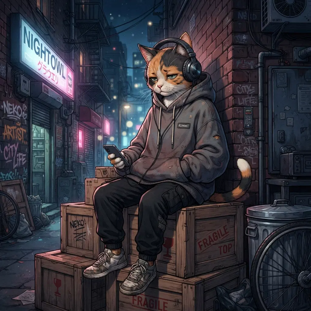 original character: an anthropomorphic calico cat in an oversized hoodie sitting on a stack of crates behind a shop, headphones on, moody adult anime illustration, clean soft gradient studio background, vibrant, crisp high detail, digital illustration