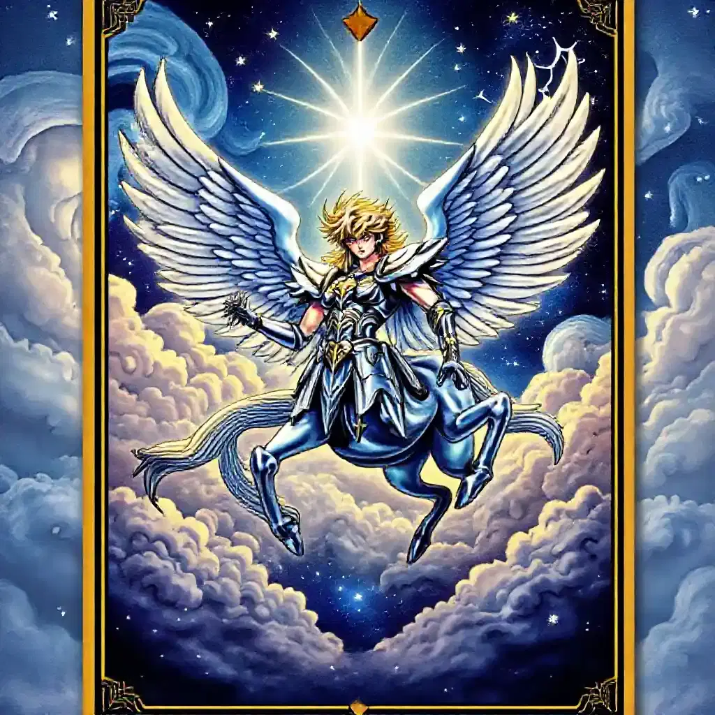 The Tarot card features Seiya, dazzling in his Pegasus armor with radiant wings, exuding power and hope. The background is a mesmerizing blend of swirling clouds, a starry night sky, and the constellation of Pegasus shining bright. The cosmic and mythical motifs intertwine, symbolizing resilience and celestial destiny in intricate detail.
