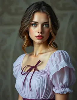 germanic lady with dark dishwater‑blonde low‑back‑length hair, hazel eyes flecked with amber, fair skin, wearing a pale lilac ruched sheer floor‑length dress with a plum ribbon belt and short ruched sleeves, rendered with strict facial geometry extraction: exact zygomatic projection, precise mandibular angle, accurate maxillary positioning, locked orbital tilt, defined eyelid crease height, correct inter‑pupillary ratio, precise nasal bridge width, nostril flare angle, tip projection, exact lip volume ratio, cupid’s bow arch, and mouth‑corner resting angle; all unique freckle clusters, mole elevations, capillary redness zones, and subtle hyperpigmentation patches preserved without any skin smoothing. cinematic realism with sharp focus, vivid lighting, soft shadows, and a subtle dreamy atmosphere highlighting the ethereal glow of the dress against a muted background.