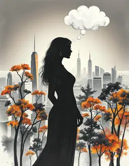 a woman's elegant form dissolves into a sprawling cityscape, her silhouette blending seamlessly with towering skyscrapers and lush trees whose branches intertwine with fractured steel shafts that pierce the canopy, captured in a double‑exposure style that blurs the boundaries between reality and fantasy. the entire scene is rendered as a sketch‑like drawing with expressive, fluid lines that convey immediacy, using soft graphite strokes and visible pencil marks to emphasize the rough texture of paper. the muted palette consists solely of graphite washes, creating deep, rich shadows that gradually fade into a dark background illuminated by subtle gradients of burnt orange, burgundy, and golden yellow. the composition is further interpreted through the refined elegance of amedeo modigliani’s portrait style, with elongated forms and graceful contours, while also honoring traditional japanese sumi‑e ink wash techniques—delicate watercolor accents highlight negative space and minimalist composition, evoking harmony and introspection. the overall aesthetic is stripped to radical minimalism: surfaces appear flat and pristine, lighting is neutral and even, colors reduced to monochrome fields with stark, simple contrasts, and brushwork is invisible, giving the image an immaculate, polished, almost machine‑like quality. the final rendering is hyper‑realistic yet beautifully idealized, presenting a calm, peaceful atmosphere, and includes a whimsical cartoon‑style thought cloud floating above the figure, empty yet ready to hold any words the viewer might imagine.