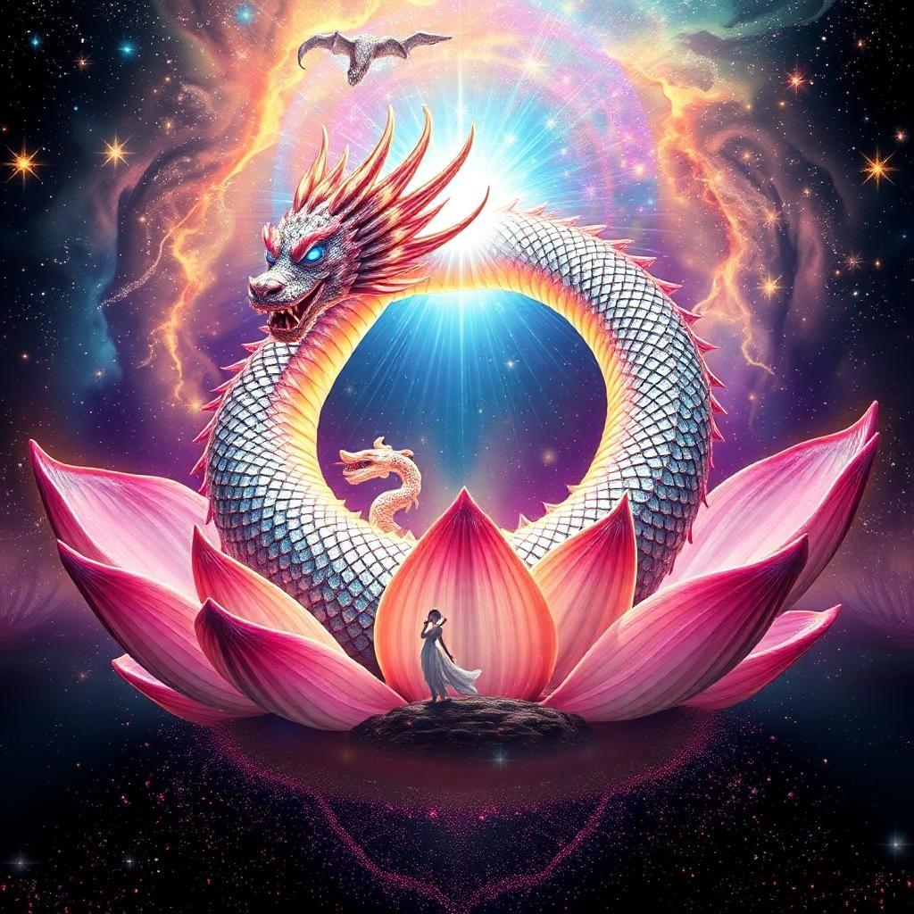"a cosmic lotus dragon coiled within a swirling nebula of iridescent, diamond-encrusted petals that refract light into a kaleidoscope of colors, its scales shimmering like stardust, diamonds, and a million tiny, sparkling rainbows as it prepares to unleash its fateful and punishing blast attack through a maelstrom of exploding stars that burst into glittering, crystalline shards. the dragon's eyes burn with a soft, ethereal blue fire that casts a mesmerizing, disco-ball-like glow that seems to summon the darkness at its core, where a thousand tiny, twinkling lights dance in rhythmic unison. beneath the lotus, a void like a dark, velvety pond reflects a surrealist dreamscape: melting architecture made of sugar glass, dripping clocks that ooze honey, and ghostly figures dancing in stilettos, all slowly being overwhelmed by a creeping tide of glitchy, pixelated confetti and warped, low-res, glittery distortions. the dragon's plumage oscillates between rising smoke that leaves trails of glittering, shimmering sparks and setting suns that burst into fireworks of color, but now assumes a distorted, low-resolution texture reminiscent of 8-bit graphics, but with a twist of holographic, 3d-like sparkle as its gentle, mystical roar echoes through a haze of rainbow-colored, glittering mist, growing increasingly frantic and electronic, like a thousand tiny, sparkling synthesizers playing in perfect harmony."