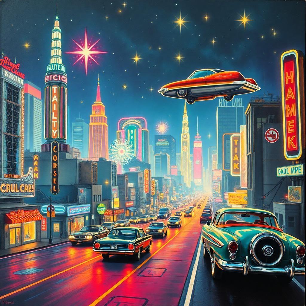 Imagine a bustling retro-futuristic cityscape, where neon lights mimic stars and retro automobiles hover gracefully above paved roads. The scene pulsates with energy, painted in vibrant hues that blend pop art and futurism, inviting one to explore a world where history and future intertwine.