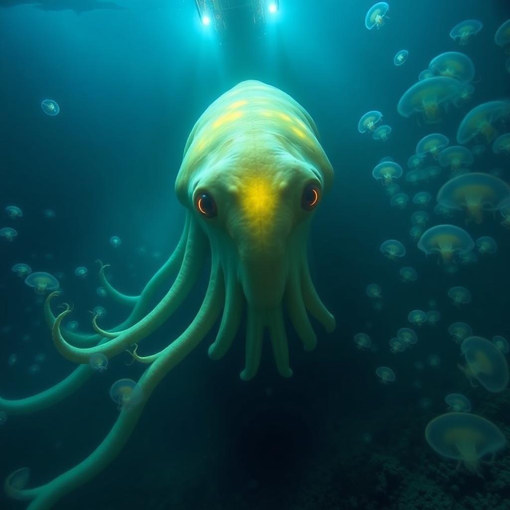 A deep-sea expedition captures the first-ever high-resolution footage of a giant, unknown sea creature. The creature’s elongated, bioluminescent body glides through the abyss, tentacle-like appendages undulating gracefully. The submersible’s lights cast eerie beams across the creature’s massive, ancient-looking eyes, which seem to study the camera. Schools of glowing jellyfish float around it, adding to the ethereal, otherworldly atmosphere. The ocean floor is barely visible in the distance, covered in strange, coral-like formations that hint at an undiscovered ecosystem.