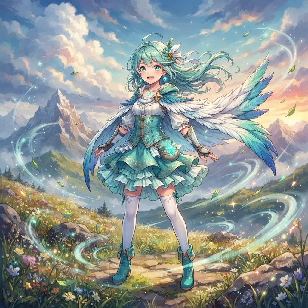 fantasy anime girl in a light teal and white layered outfit with a feather cape, wind swirls and leaves around her, a small glowing teal gem on her hip, windy mountain meadow, painterly clouds, full body