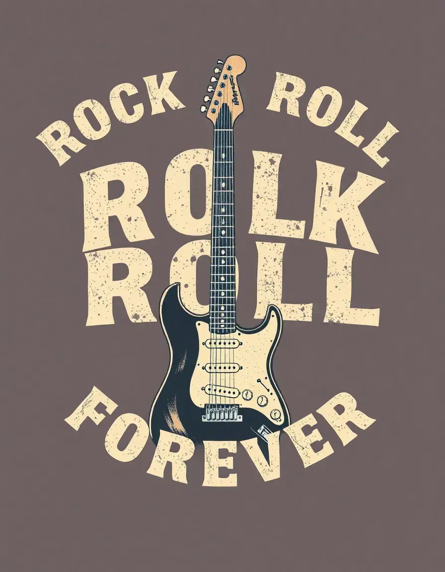 "Vintage retro t-shirt design, distressed typography 'Rock & Roll Forever', electric guitar illustration, 80s rock concert poster style, grunge texture, muted colors, centered design --vector --print ready --high resolution"