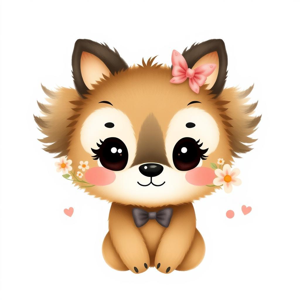 Animal anthropomorphic illustration, cute and simple illustration, a cute animal baby, bean-like eyes, some bows and flowers decoration, emphasizing hand-painted texture, brush strokes, pure hand-painted, creative hand-painted