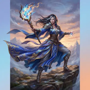 epic original fantasy mage oc, sapphire and gold robes, arcane fire staff, painterly high fantasy art