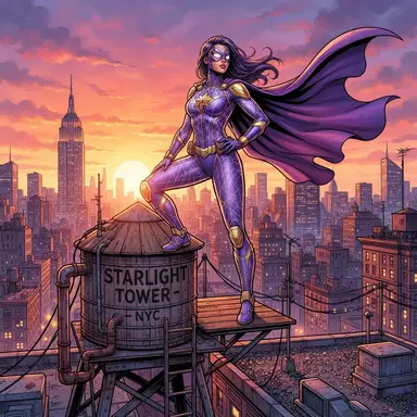 original spider heroine in a violet and gold web-patterned suit, standing on a water tower at sunset, cape of webbing, comic book illustration, vibrant, crisp high detail