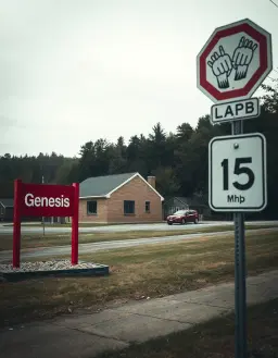 Disgusting guardian angel red sign in the left foreground reading “Genesis” mounted between two red posts above a small bed of gravel. Behind it stands a low brick building with a pale, sloped roof and dark windows, bordered by a residence bloody fingers pushing down on pillows At the right side of the frame, a roadside sign displays a 15 mph speed limit beneath the back of an octagonal sign. Trees and a wooded hillside fill the distant background. The scene is photographed from a low roadside viewpoint with a mild diagonal composition, natural overcast daylight, muted colors, and an ordinary community-center setting. Photorealistic documentary style.