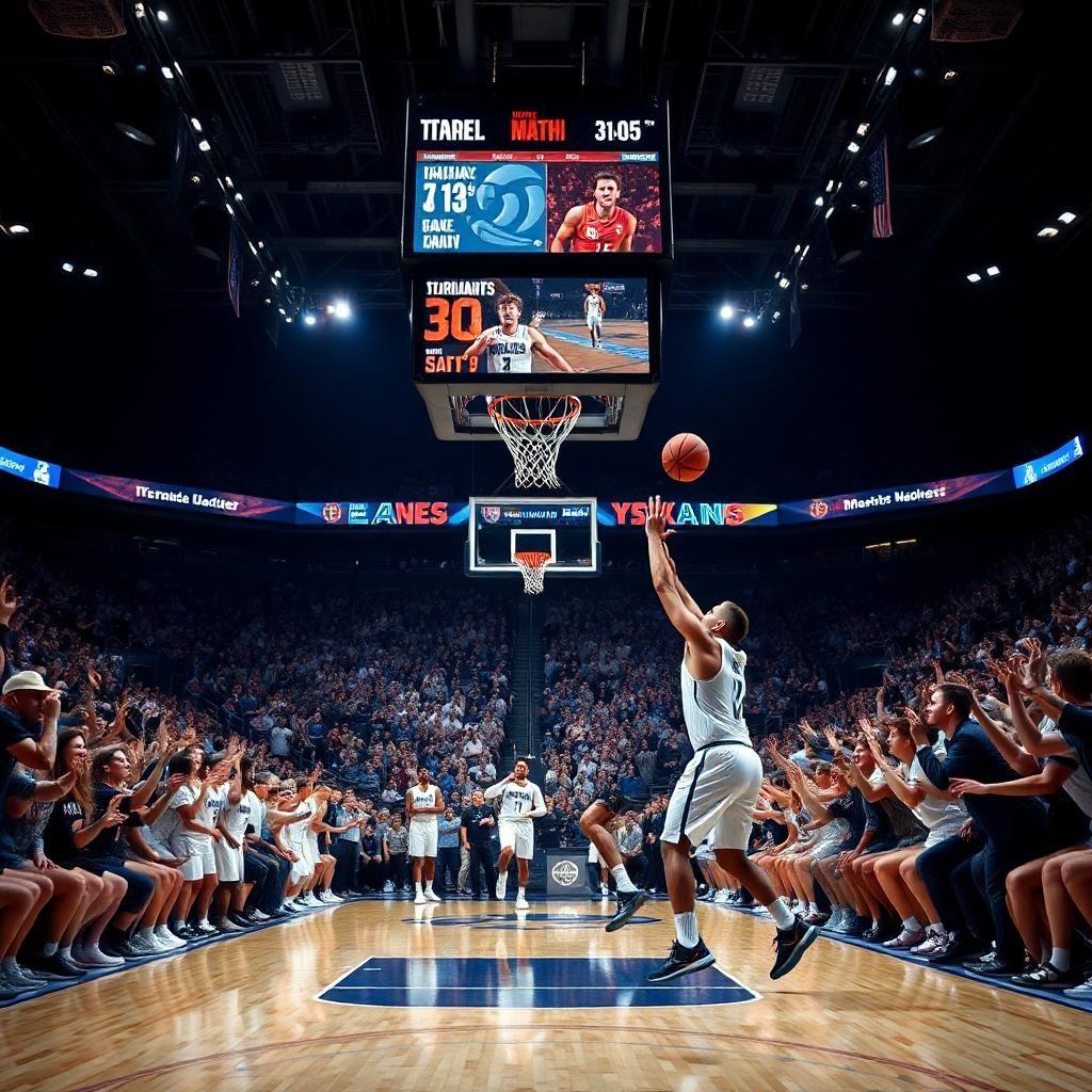 A packed basketball arena roars with excitement as two rival college teams battle it out in the final seconds of a March Madness game. The scoreboard shows a tie, and the star player from one team dribbles down the court, eyes locked on the hoop. Fans hold their breath as he takes the game-winning shot—will it go in? The stadium lights cast a dramatic glow over the court, and the atmosphere is electric with tension and adrenaline.