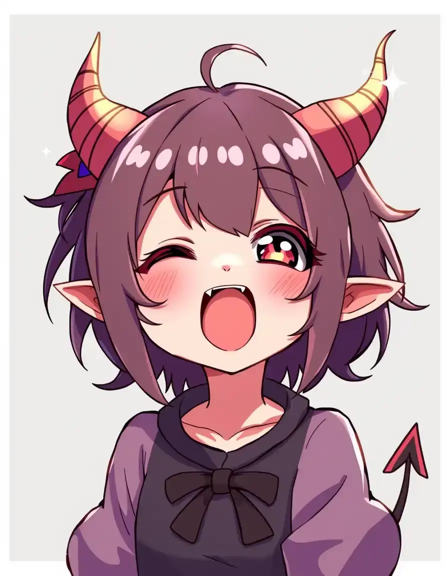 a playful, anime-style demon girl with an endearing smile and distinctive shiny, sparkling horns