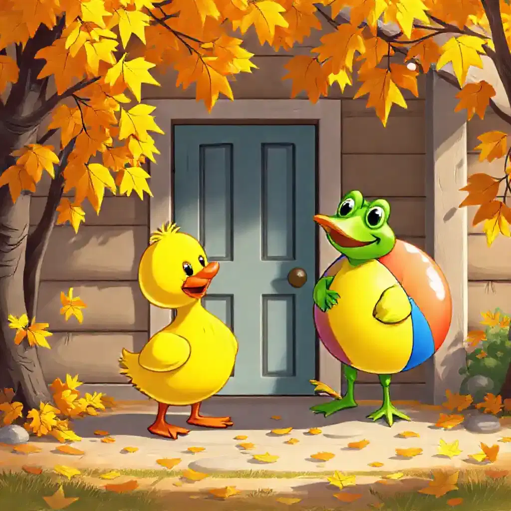 An autumn day with sunshine and falling leaves. A cheerful yellow duck called Ducky is at his home, surprised by his friend, a green frog named Froggy, knocking on the door excitedly, carrying a vibrant beach ball. Around Ducky's cozy house are trees with shiny orange and yellow leaves, creating a warm and inviting atmosphere.