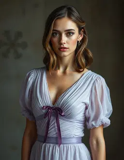 germanic lady with dark dishwater‑blonde low‑back‑length hair, hazel eyes flecked with amber, fair skin, wearing a pale lilac ruched sheer floor‑length dress with a plum ribbon belt and short ruched sleeves, captured in cinematic realism as a photorealistic film still: sharp focus, detailed textures, vivid lighting, soft shadows, and a subtle dreamy atmosphere that highlights the ethereal glow of the dress against a muted background.