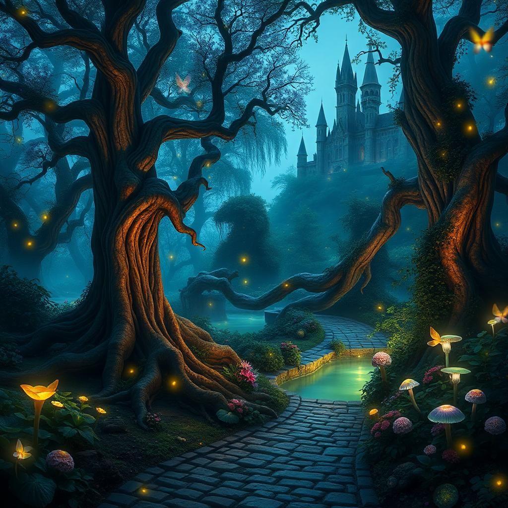 A breathtaking enchanted forest bathed in the soft glow of bioluminescent plants and floating will-o'-the-wisps. Towering ancient trees with twisted, gnarled roots reach toward the sky, their leaves shimmering in shades of blue, purple, and emerald green. A winding cobblestone path leads deeper into the forest, where hidden among the thick foliage lies a crystal-clear pond that reflects the ethereal light. Glowing mushrooms sprout from tree trunks, and delicate fairies with iridescent wings dart between the flowers. The air is thick with golden dust motes that swirl like magic, and in the distance, the outline of a grand, vine-covered castle looms, half-forgotten by time.