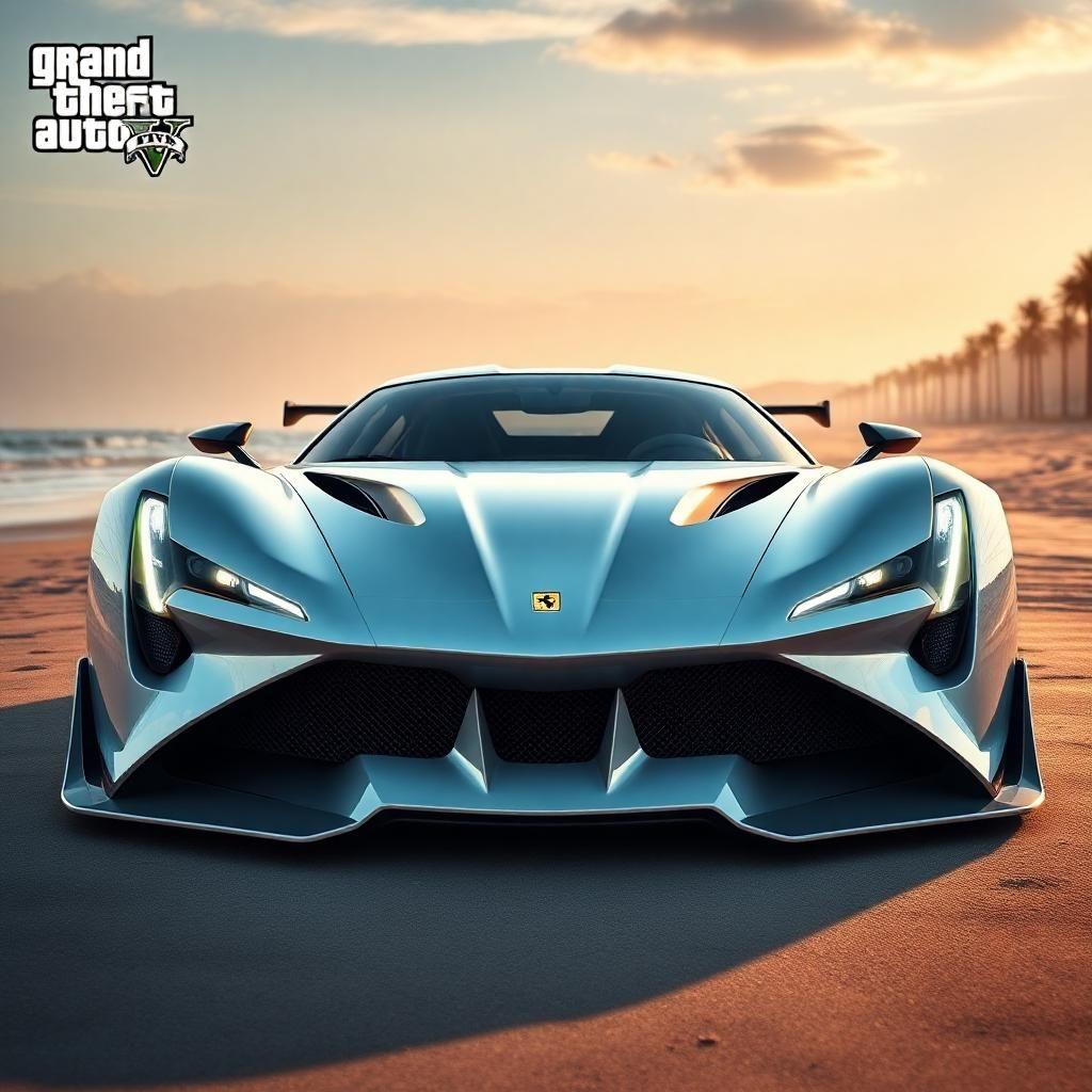 futuristic aggressive supercar for 2035, inspired by ferrari f50 and a ferrari f8, with a vastly more aggressive front bumper designed to cut through the air, sleeker and sharper angular headlights, a smooth custom racing widebody kit, the imposing front bumper now boasting a deep, menacing, angular grille and sharp air intakes, show entire car in a beach of gta 5 city, hd