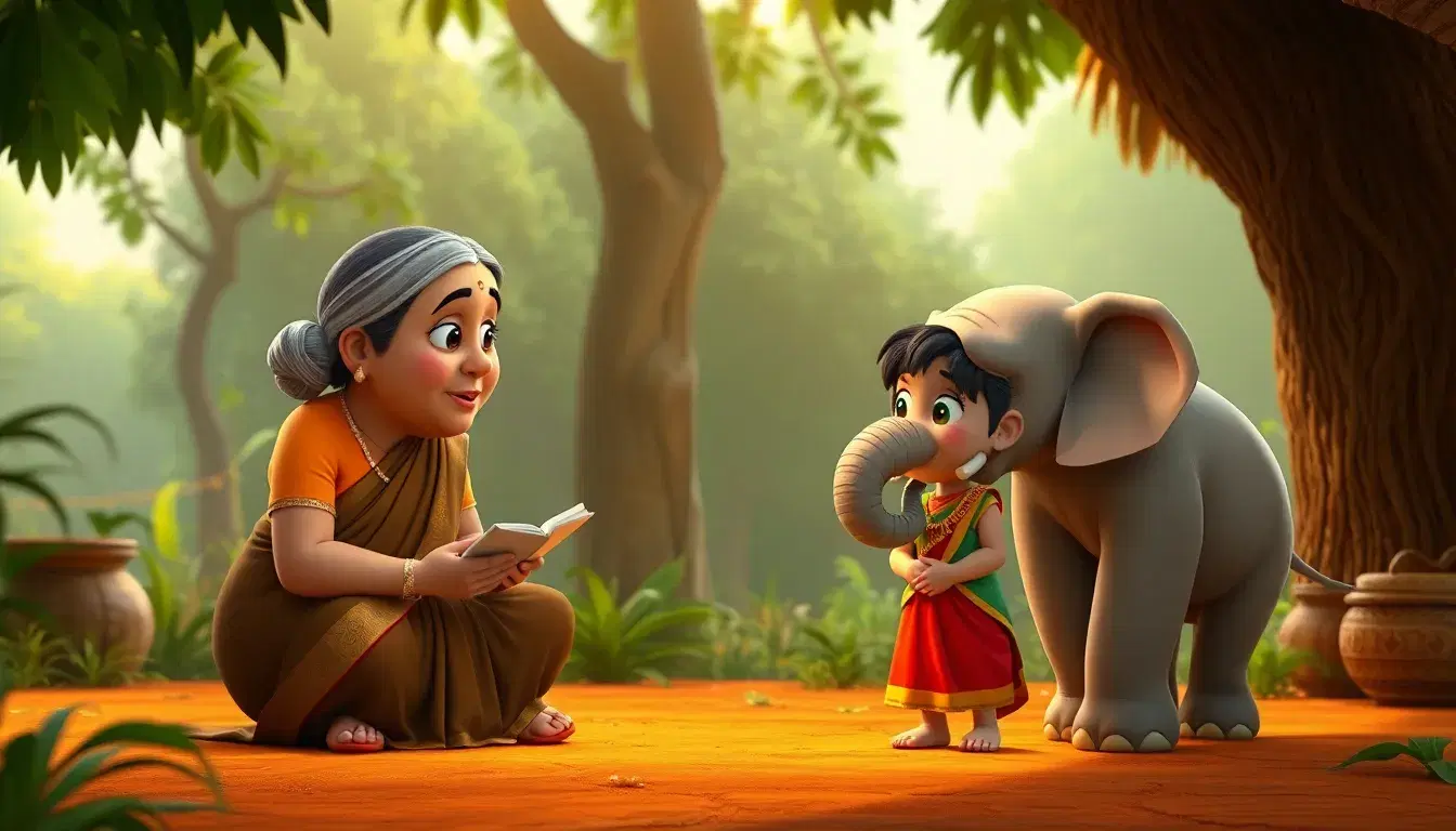 Dadi Amma character explaining story  
Mohans character Gudiyas character listening  
Neelu the elephant character standing peacefully  
warm emotional scene  

3D animated cartoon style  
Pixar inspired but original  
soft lighting  
rounded shapes  
child friendly  
bright colors  

high quality 3D render  
cinematic camera  
consistent character design  
Indian village environment  
no text  
no watermark