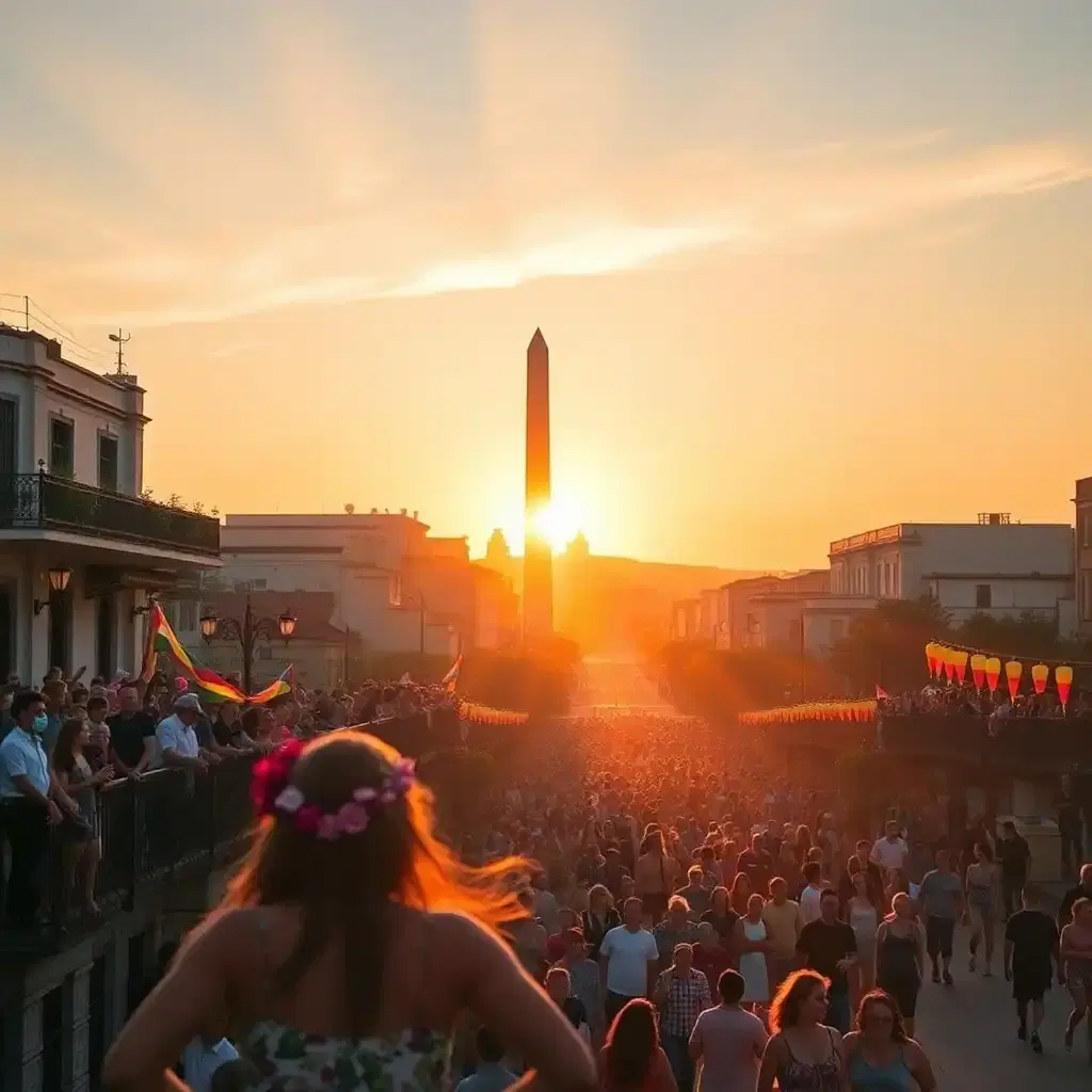 "ethereal sunrise awakening in vibrant buenos aires: soft, golden light spreads like a gentle hue, awakening sleepy streets where happy revelers - flowers woven into their hair - dance joyfully to upbeat melodies. powdered-sugar pastel-hued balconies unfurl colorful lanterns and kites as morning breezes carry sweet scents across the calm rio de la plata. delicate fog gently dances above the serene plaza de mayo, with giant sun-kissed water-screen projections casting warm, sunbeam patterns across smiling faces still aglow from dancing under starry skies. slow-rising sunbeams pierce skyward, scattering a warm, honeyed light across the waking cityscape. crowds twirl, spin, and leap, their beaming faces bathed in golden light as they chase the dawn, the iconic obelisco monument a warm, golden silhouette against a clear blue sky."