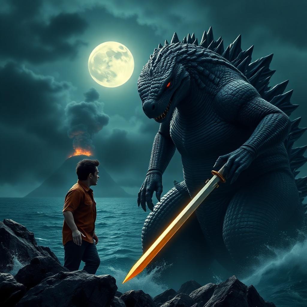 Dark gray, muscle-bound Godzilla, Komodo dragon horns, glowing red eyes. Fearful face.  Man, short dark hair, brown shirt, dark pants, holds large, gleaming sword.  Rocky outcrop, dark ocean. Distant volcano erupts, smoke darkens stormy sky. Moonlight highlights Godzilla's scales, man's fear.  Sharp, textured Godzilla skin.  Dramatic, gritty, cinematic style.  Man's small size emphasizes Godzilla's immense power.  Ocean waves crash on jagged rocks.
