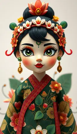 mai shiranui, green‑eyed 3d animated doll, rendered in pichwai painting style with intricate, repetitive floral and vegetal patterns, deep green, crimson, gold, indigo and white palette, dense horror‑vacui composition filled with lotus blooms, mango leaves and decorative borders, flat stylized forms, fine controlled outlines, gold leaf accents.