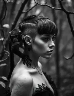 elegant punk woman half‑shaved with a horned monkey on her shoulder, in a whimsical spooky halloween forest, close‑up view with shallow depth of field, tight framing on textures and subtle expressions, bokeh edge falloff and specular highlights, monochrome iridescent light filtering through mist, crisp blacks, clean whites, full range of neutral grays, studio ghibli style, gothic hip‑hop skull ghost style, perfect symmetry centered, balanced mirrored composition, translucent glassblown vines twisting around her.