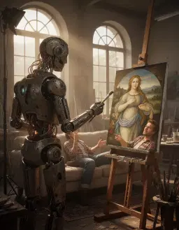 cinematic concept art of a weathered humanoid robot with oxidized bronze plating and exposed copper wiring, holding a paintbrush and standing at a wooden easel in a sunlit artist's studio. a human man in a rolled-up flannel shirt lies on a sofa and gestures toward the canvas with detailed instructions. the canvas depicts botticelli's venus with striking accuracy. warm golden hour sunlight streams through large arched windows, illuminating dust motes in the air. dramatic rim lighting highlights the metallic textures of the robot's shoulder and arm. shallow depth of field focuses on the interaction between man and machine. professional studio lighting setup, wide shot, eye-level camera angle, cinematic atmosphere, warm golden color grade, contemplative mood, f/1.8 aperture, iso 100.