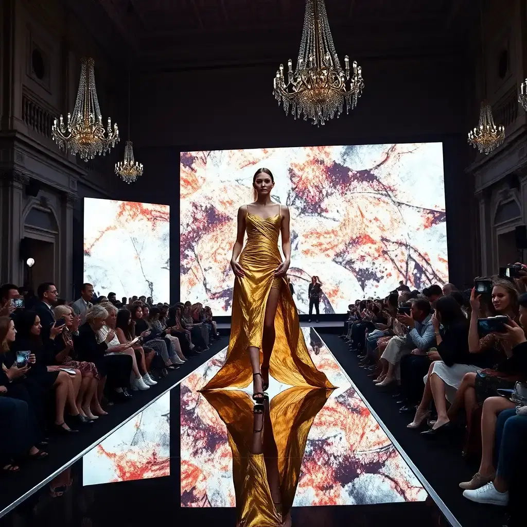 A breathtaking, ultra-high-fashion runway show at Milan Fashion Week, capturing the energy, elegance, and innovation of the fashion world. A model with a striking, avant-garde outfit struts down a reflective catwalk, her dress an architectural masterpiece made of shimmering metallic fabric that flows like liquid gold under the stage lights. The audience, composed of celebrities, designers, and fashion critics, watches in awe. Cameras flash, and the massive LED backdrop displays abstract, artistic visuals that complement the collection’s theme. The venue, a grand historic building with intricate chandeliers and classical architecture, blends old-world luxury with cutting-edge modernity.