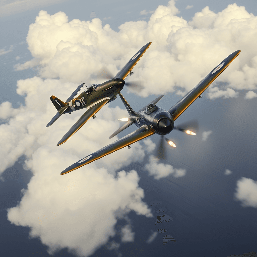 A high-speed dogfight between two vintage fighter jets over an ocean. One plane performs a tight barrel roll while the other fires tracer rounds. The scene is full of motion, with vapor trails streaking behind the jets and dramatic clouds in the background.