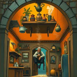 upside‑down house, a surreal dwelling where everything is inverted, with furniture perched on the ceiling as if gravity has been turned upside down, potted plants hanging downward from the roof, and a confused visitor standing at the door looking up at the reversed interior; the scene is rendered in a creepy whimsical style reminiscent of alberto giacometti’s elongated figures, combined with the delicate line work of aquatint and etching, placed within an eerie yet enchanting environment. the image is a digital painting with mixed‑media collage elements and a vector overlay, employing flat shading and cel‑shading alongside airbrushed gradients and expressive digital brushwork. warm‑cool contrast dominates the palette, using complementary orange and blue hues with a desaturated vignette that softens the edges. contemporary fantasy meets art nouveau influence, delivering illustrative realism. at the center of the composition sits a male chef, a culinary practitioner with grey hair and a patterned tunic, seated on an inverted wooden chair under the ceiling‑mounted table. he is focused, his hands engaged in food preparation, surrounded by steaming pots and clay vessels that cling to the upside‑down surfaces. an ornate archway frame of gothic stone arches the central figure, echoing the cobblestone street that lies above the kitchen in a paradoxical reversal. warm ambient lighting floods the interior with amber glow, while a cool teal exterior light seeps in, creating soft, diffused, volumetric illumination that backlights the scene and adds subtle specular highlights to the wooden and clay textures. the mood is serene and contemplative, atmospheric and low‑energy, inviting a meditative stillness. the composition is vertical, centered, and symmetrical, captured from an eye‑level frontal camera angle at a medium shot, 50mm‑equivalent focal length, with shallow depth of field that selectively focuses on the chef and the inverted furnishings, leaving the surrounding reversed room to gently blur into dreamy background. the textures of wood, clay, fabric, and stone appear smooth, matte, and slightly stylized, maintaining a low reflectivity that enhances the overall quiet, uncanny ambience of the upside‑down house.
