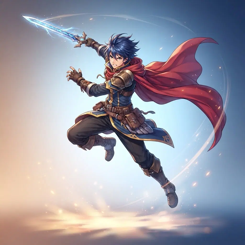 original character pose reference, a young swordsman mid-leap with cape flying, dynamic action pose, full body, anime style, clean soft gradient studio background, vibrant, crisp high detail, digital illustration
