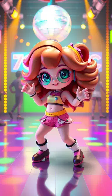 3D cute chibi girl disco dancing, retro outfit, big hair, fun pose, 70s disco club background, disco ball, colorful lights, neon floor, vibrant cute 3D render