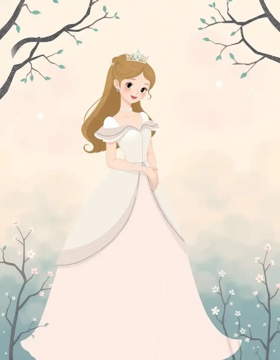 A simple fairytale princess, elegant, wearing a beautiful dress, soft pastel colors, standing in a magical setting, gentle and graceful, storybook illustration style
