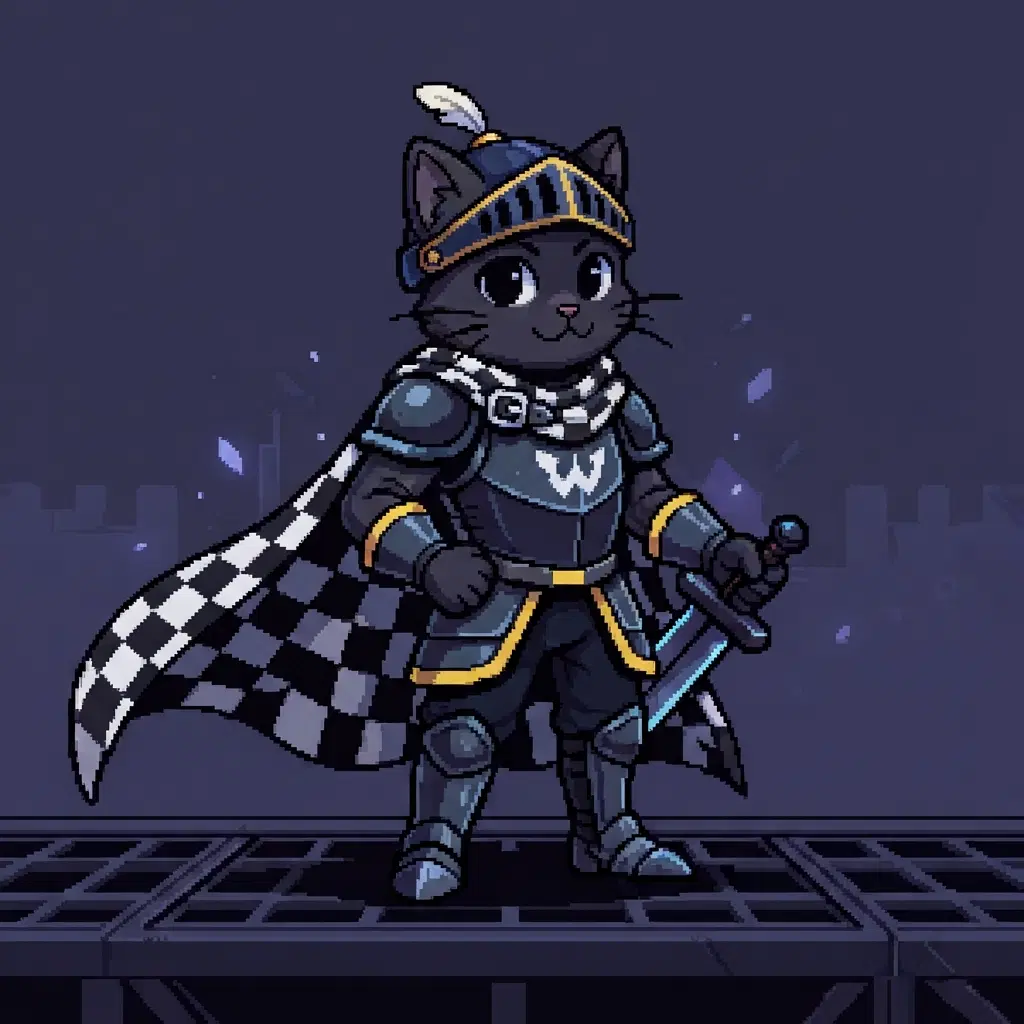 Deltarune dark world style OC, cat knight with checkerboard cape, Toby Fox game art style, dark world palette, cel shaded, clean background