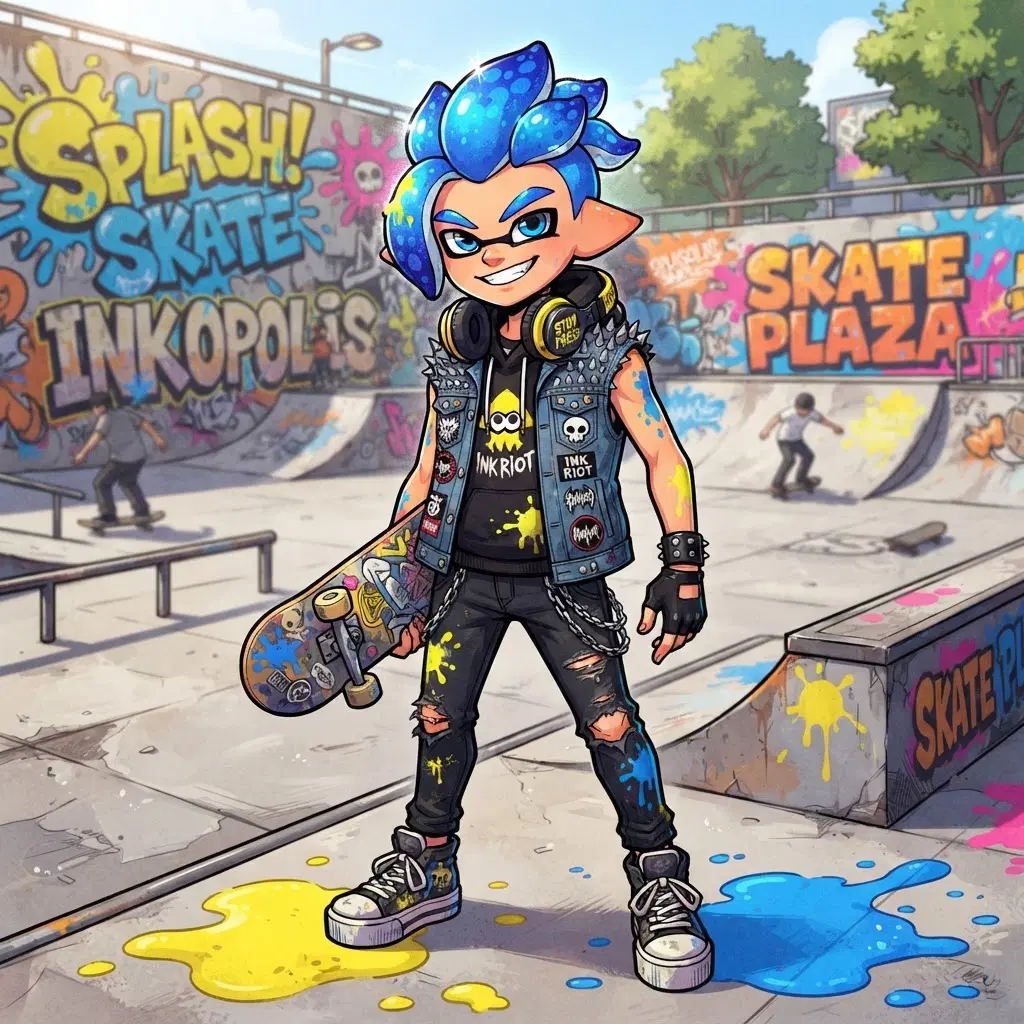 teen character with short squid tentacle hair in electric blue, punk streetwear with a studded vest, headphones, ink splats of yellow and blue, skate park plaza backdrop, bold cel shaded cartoon style