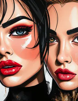 a character portrait in the chic and edgy astrid vos style, combining strong, dynamic, and expressive features with high fashion elegance. the image showcases stylized, fashion close-up faces with dramatic eye details, reminiscent of vibrant artistic fashion sketches. this is presented with a high glamour aesthetic, emphasizing high fashion illustration, luxury, sophistication, and idealized beauty. the artwork evokes chic contemporary wall art, prints, and acrylic painting, showcasing stylish silhouettes and designer motifs. a champagne color palette is used, along with an upscale editorial aesthetic. metallic gold and silver leaf, and glitter elements are incorporated to elevate the tactile luxury of the canvas.