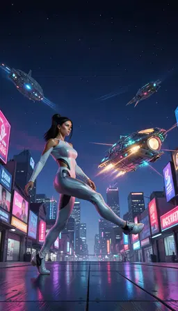 front‑on, a sleek cyborg woman with black straight hair and tanned skin stands amid a neon‑lit cityscape, a vast empty sky framing distant intergalactic ships. beside her, cyrana strides confidently to the left, her leg extended as she kicks a nearby intergalactic ship, launching it spinning faster across the sky, its hull glinting with luminous glow and casting soft reflections over the urban skyline. neon lights ripple across the scene, framing the dynamic interplay of motion and light.