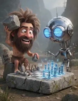A hyper-detailed 3D render of a humorous, full-body caricature scene featuring a caveman and a robot intensely playing chess, all presented as a high-end animation studio still image. The **caveman** is a heavily exaggerated caricature with an enormous, shaggy head covered in wild, matted brown hair and a thick, unkempt beard. His massive, expressive eyes are wide with mischievous triumph, and his goofy grin reveals slightly oversized teeth. He has a tiny, muscular body wearing a crude loincloth, perched on a rough-hewn rock as a chair. His arms are disproportionately long and powerful, with one arm dramatically raised, brandishing a comically large, jagged rock that he's about to slam onto the "chessboard" as a "move." His pose is dynamic and utterly confident. The **robot** is an equally exaggerated caricature, featuring a massive, polished chrome spherical head with two enormous, glowing, bright blue optical sensors for eyes. These eyes are currently displaying a spiraling "ERROR 404" or "PROCESSING OVERLOAD" symbol, reflecting extreme confusion. Its body is tiny and spindly, constructed from sleek, interlocking metallic plates and exposed wires, with a ridiculously long, segmented neck that allows its huge head to tilt in bewilderment. Its thin, articulated arms are flailing slightly, one hand weakly extended towards the board with delicate pincers, while the other is thrown up in a gesture of mechanical despair. The **chessboard** is the central visual pun: it's a large, uneven slab of primitive, rough-hewn gray granite, covered in visible cracks and lichen. The "chess pieces" on the caveman's side are an assortment of various sizes of uncarved, jagged rocks and gnarled twigs, crudely arranged. On the robot's side, sleek, miniature, semi-transparent blue holographic chess pieces hover just above the rock surface, flickering with computational precision, but they are utterly out of sync with the caveman's "strategy." Reinforcing the visual pun, a small, hand-painted sign made from a piece of cracked slate is propped up next to the caveman's rock-chair, humorously reading: "**Rock-Solid Strategy**". The scene is rendered with hyper-detailed textures: the caveman's hair has individual strands, his skin shows pores and dirt, and the rocks display realistic geological variations. The robot boasts intricate panel lines, reflective metallic surfaces, glowing internal components, and subtle wear marks. Professional studio lighting casts dramatic shadows and highlights, emphasizing the characters' forms and the contrasting textures. The entire scene is isolated against a clean, simple, soft gradient studio background of warm earthy tones transitioning to a light sky blue, with absolutely no distracting background elements.