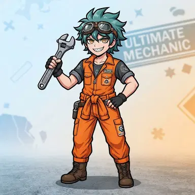 original Danganronpa style anime student, the Ultimate Mechanic, boy with spiky teal hair, orange jumpsuit, goggles, bold flat colors, digital illustration