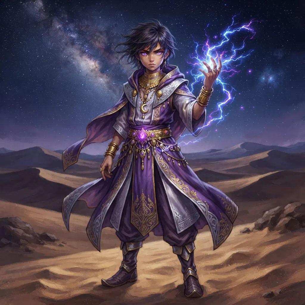 fantasy anime boy in purple and silver desert robes with gold jewelry, electric sparks around his hand, a small glowing purple gem on his belt, sand dunes under a starry night sky, painterly, full body