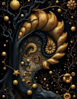 whimsical folk‑art digital surreal scene with academically refined figuration, polished virtuoso brushwork, smooth glazing, bold hand‑drawn lines, dialoguing with western art history, infused with fractal mathematics style of self‑similar mandelbrot spirals, julia set filaments and branching patterns, intricate organic forms echoing seashells and galaxies, rendered in a luxe matte black, charcoal, and gleaming metallic gold palette with faint champagne highlights, rich high‑contrast composition, matte black, charcoal, metallic gold, champagne highlights.
