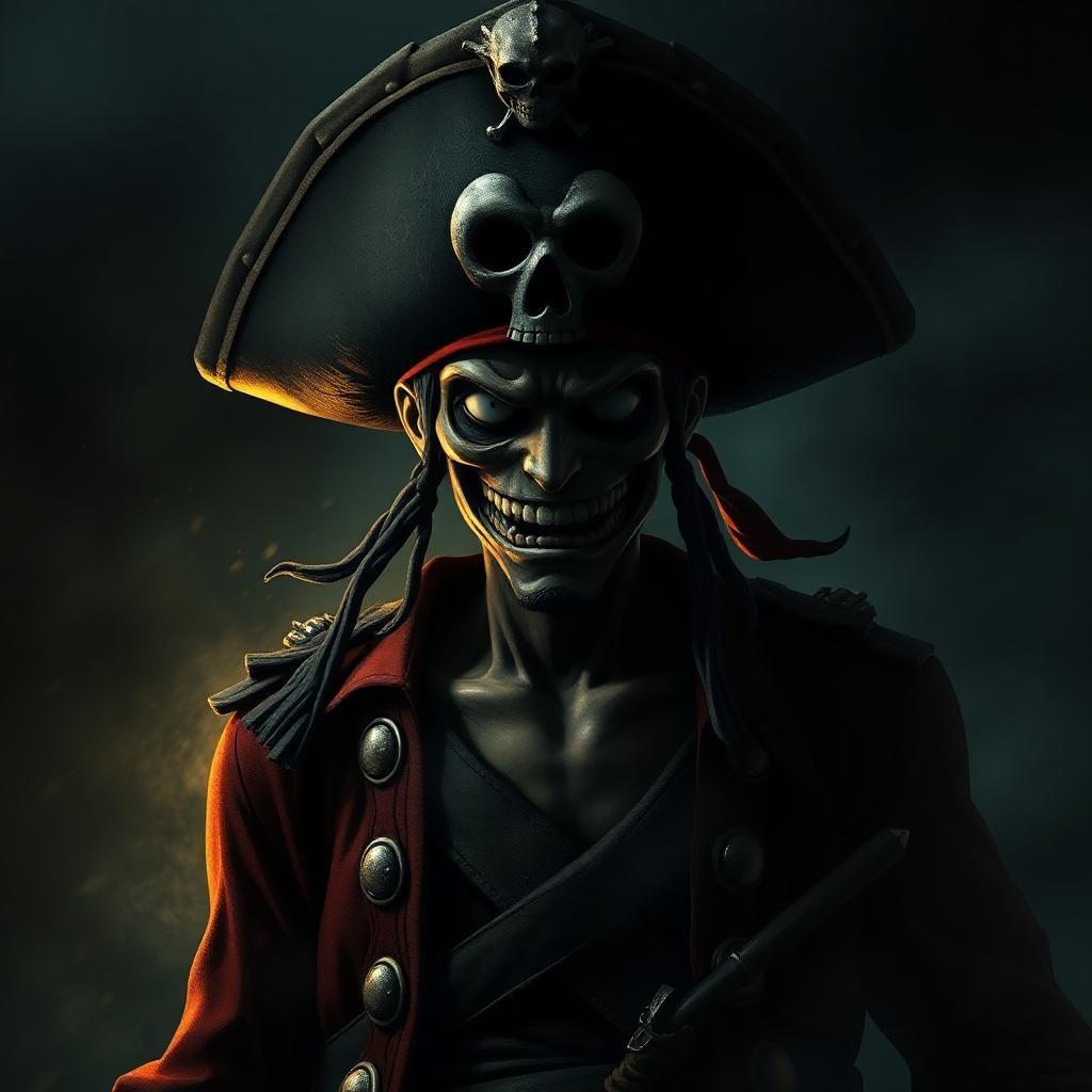 one piece character pirate in a darker, more foreboding, and more intense level of darkness with an unbearably oppressive atmosphere and a crushing sense of impending doom that mirrors and amplifies the darker and even more menacing atmosphere of the original image.