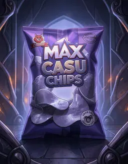 Digital illustration with a smooth, detailed finish. Soft lighting with a slight glow highlights metallic surfaces and contours. Dominant cool tones of purples and blues dominate, with subtle warm hues in the background. The mood is intense and dramatic, evoking mystery and power. Intricate linework and shading emphasize sharp details and reflective surfaces. MAX CASU CHIPS stands centrally, illuminated by the soft glow, their pose confident and commanding, casting a subtle shadow that interacts with the metallic environment. The scene blends dark fantasy influences with high‑detail character design, maintaining the original atmospheric and color palette.