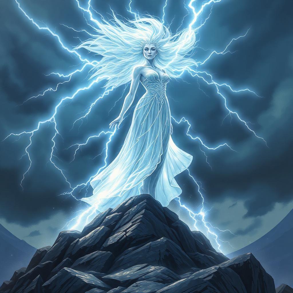 Create an epic illustration of a mythical goddess embodying the power of electricity and ice. She stands proudly atop a rocky mountain, surrounded by a stormy sky and dark clouds. Her hair flutters in the wind, charged with flashes of light that dance around her. Her skin and clothes are translucent, as if sculpted from pure ice, reflecting the light of the flashes. She wears a flowing dress that seems to be made of ice crystals, and her eyes shine with an unearthly intensity. The overall atmosphere is both majestic and mysterious, evoking a primordial and timeless force."