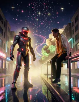 A full‑face helmet bears a glowing red horizontal visor slit and a vertical red accent, while red LED strips pulse along the chest, waist, hips, and thighs. The armored figure strides purposefully through a bioluminescent street beside a mirror‑like pool, the low‑angle light catching the polished chrome of its helmet and the glint of its red accents. From the midnight‑blue, amethyst‑woven sky, a cascade of bioluminescent droplets falls, each bead refracting the neon glow and flashing off the red LEDs, creating a fleeting glittering halo that frames the android in dynamic, rhythmic light. The city’s geometry collapses into a vanishing point, converging lines guiding the eye toward neon‑streaked horizons where spiraling light encircles a pistachio‑green, chocolate‑brown, cream bloom. Above, rune‑like stars shimmer in the mystical sky, their light mingling with the shimmering rain. The shot is captured in a medium close‑up with a 35 mm lens at f/1.8, ISO 200, bathed in soft neon backlight that creates a gentle halo around the android while the misty droplets add depth and motion. A faint haze of glowing dust drifts through the air, and the entire composition is color‑graded in warm gold tones, enhancing the contemplative, quiet mood while preserving the cinematic swirl of color, light, and the new pulsating red accents that feel like a natural evolution of the scene.
