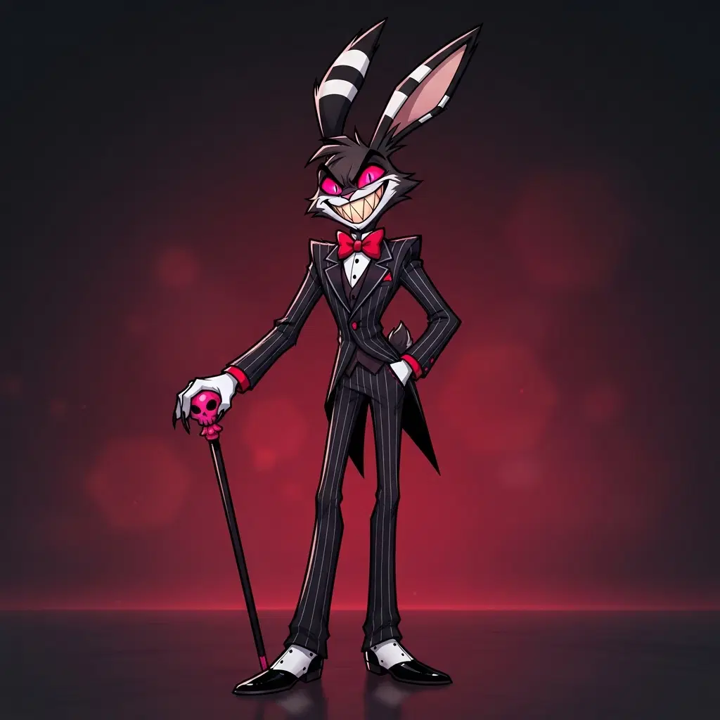 Sharp angular cartoon illustration, original sinner character, full body, tall thin rabbit-like figure with long ears and a wide toothy grin, black pinstripe suit, white gloves, red bow tie, one hot pink accent on the eyes and cane, bold red black and white palette, clean soft gradient studio background, vibrant, crisp lines