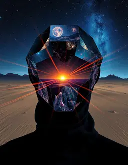 human portrait reminiscent of naomi campbell on a deserted outer space landscape, medium shot waist‑to‑head, avant‑garde futuristic mask collage, russian cosmism painting, celestial palette of deep ultramarine, cosmic purple, radiant gold, geometric crystalline structures, sharp intersecting diagonal lines, soft chiaroscuro, surreal atmosphere, reflected water glow, japonisme western style with asymmetric composition, bold outline, flat color areas, calligraphic blossoms and waves, zoom burst effect with radial motion blur emanating from the center, streaked light trails, vortex‑like speed, central subject crystal‑clear while peripheral elements blur, dynamic energy captured in a single frame.