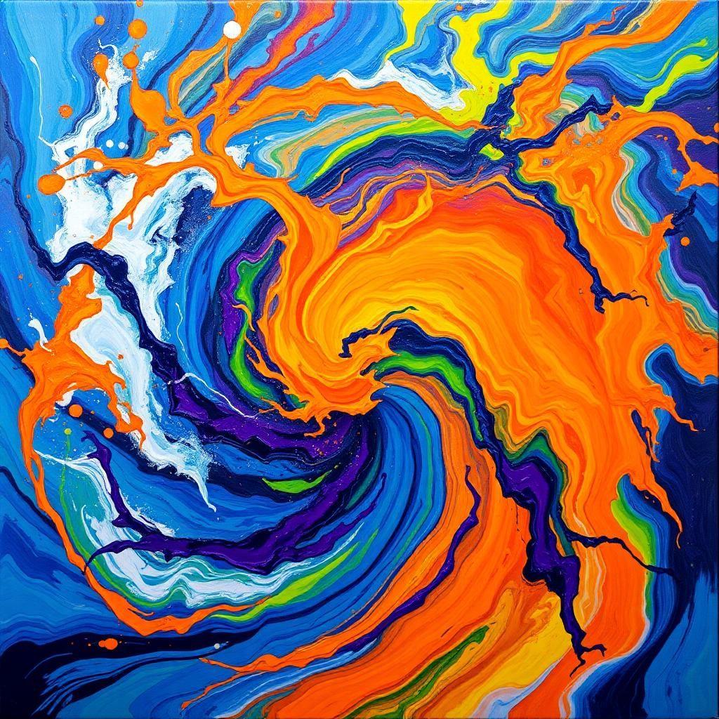 A mesmerizing explosion of swirling colors and bold textures, creating a hypnotic dance of motion and chaos. Vivid blues and fiery oranges crash against each other like waves, while streaks of neon green and deep violet seem to twist and dissolve into the canvas. The paint appears to be in motion, as though the entire piece is breathing and shifting with each passing second. Shapes emerge and fade—a fleeting glimpse of a human face, the suggestion of a distant cityscape, a swirl that resembles a cosmic galaxy—before blending seamlessly back into the abstract form.