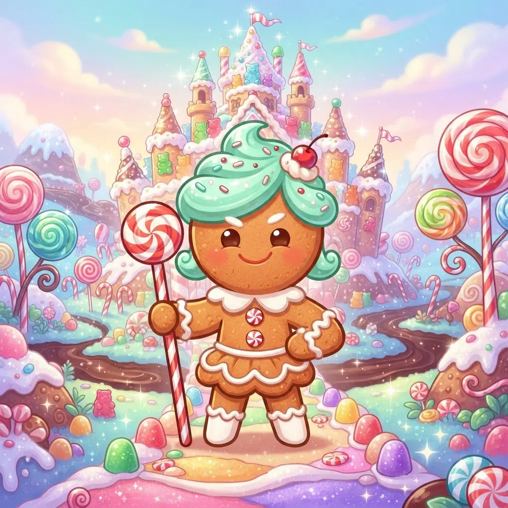cute chibi gingerbread cookie person character with a rounded biscuit body, mint green swirl icing hair, white icing outfit trim, holding a striped peppermint stick staff, standing in a candy kingdom with a sugar castle and lollipop trees, bright game art style, full body
