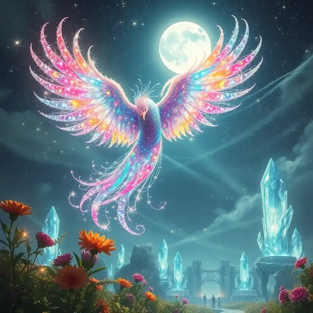 in a realm of endless sparkle, a dazzling lunar phoenix glides. its feathers shimmer like a sky full of rainbow stars. each plume holds a galaxy of constellations. as it soars, it leaves trails of glimmering stardust, creating a radiant masterpiece in the sky. below, a magical land of sparkling flora and colossal crystal sculptures gleams in the moonlight.