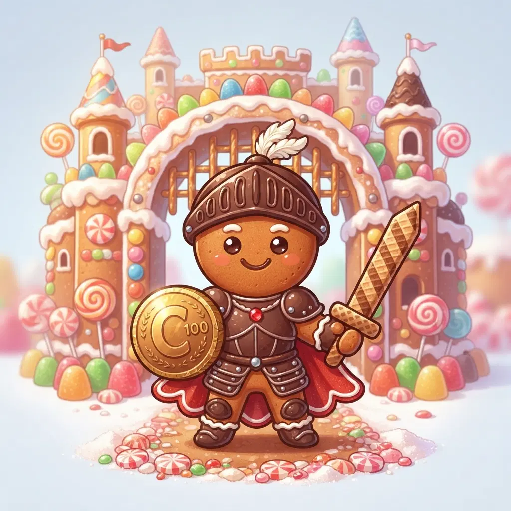 cute chibi gingerbread cookie person knight character with a rounded biscuit body, dark cocoa icing armour, a small round chocolate coin shield and a wafer sword, brave pose in front of a sugar castle gate, bright game art style, full body